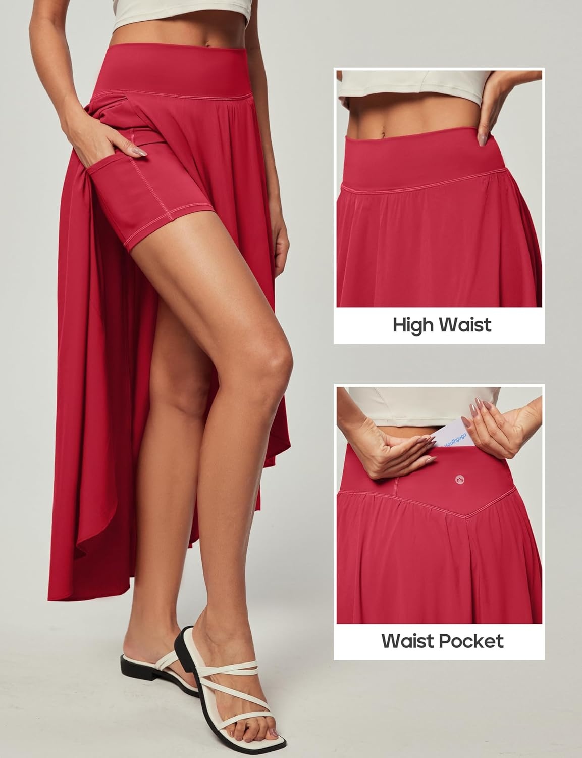 image:imageHeathyoga High Waist Wrap Skirt with Shorts Flowy Skirts for Women Trendy Summer Ruffle High Low Maxi Skirt with SlitRed