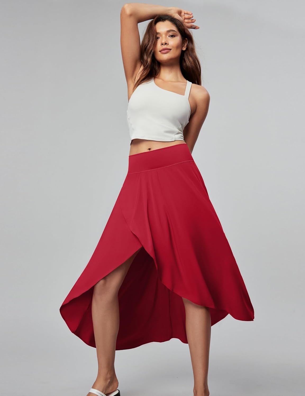 image:imageHeathyoga High Waist Wrap Skirt with Shorts Flowy Skirts for Women Trendy Summer Ruffle High Low Maxi Skirt with SlitRed