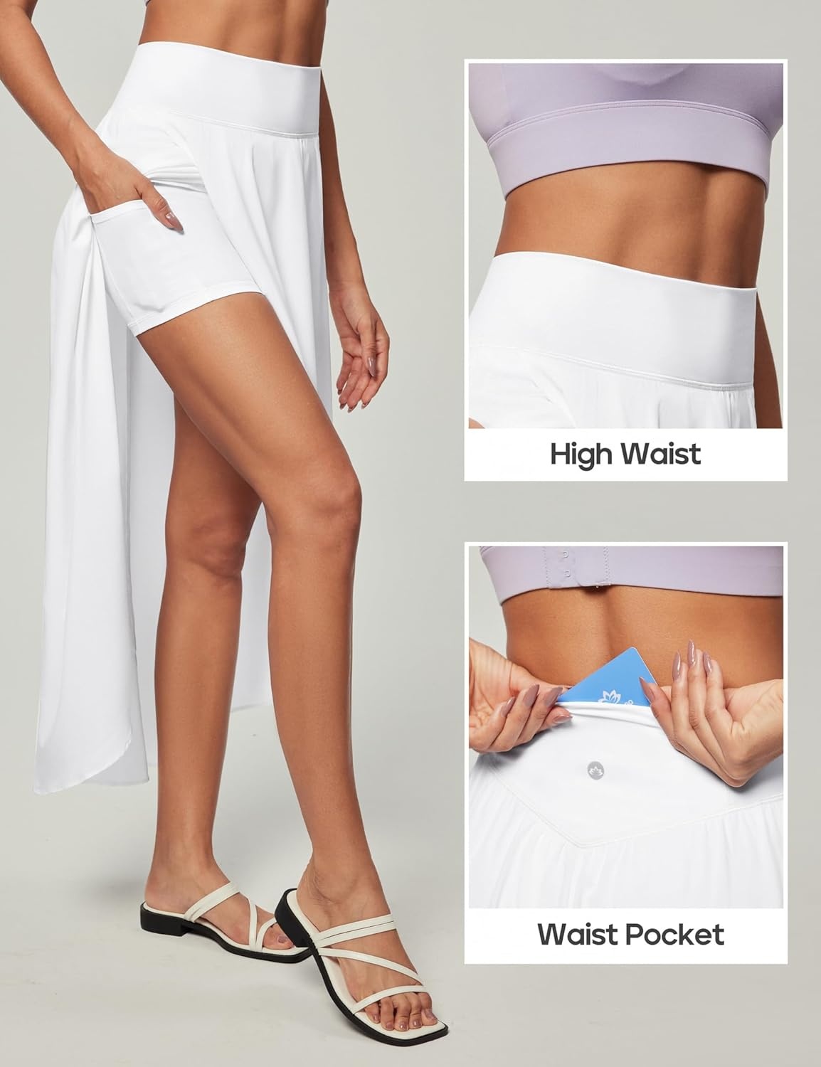 image:imageHeathyoga High Waist Wrap Skirt with Shorts Flowy Skirts for Women Trendy Summer Ruffle High Low Maxi Skirt with SlitWhite