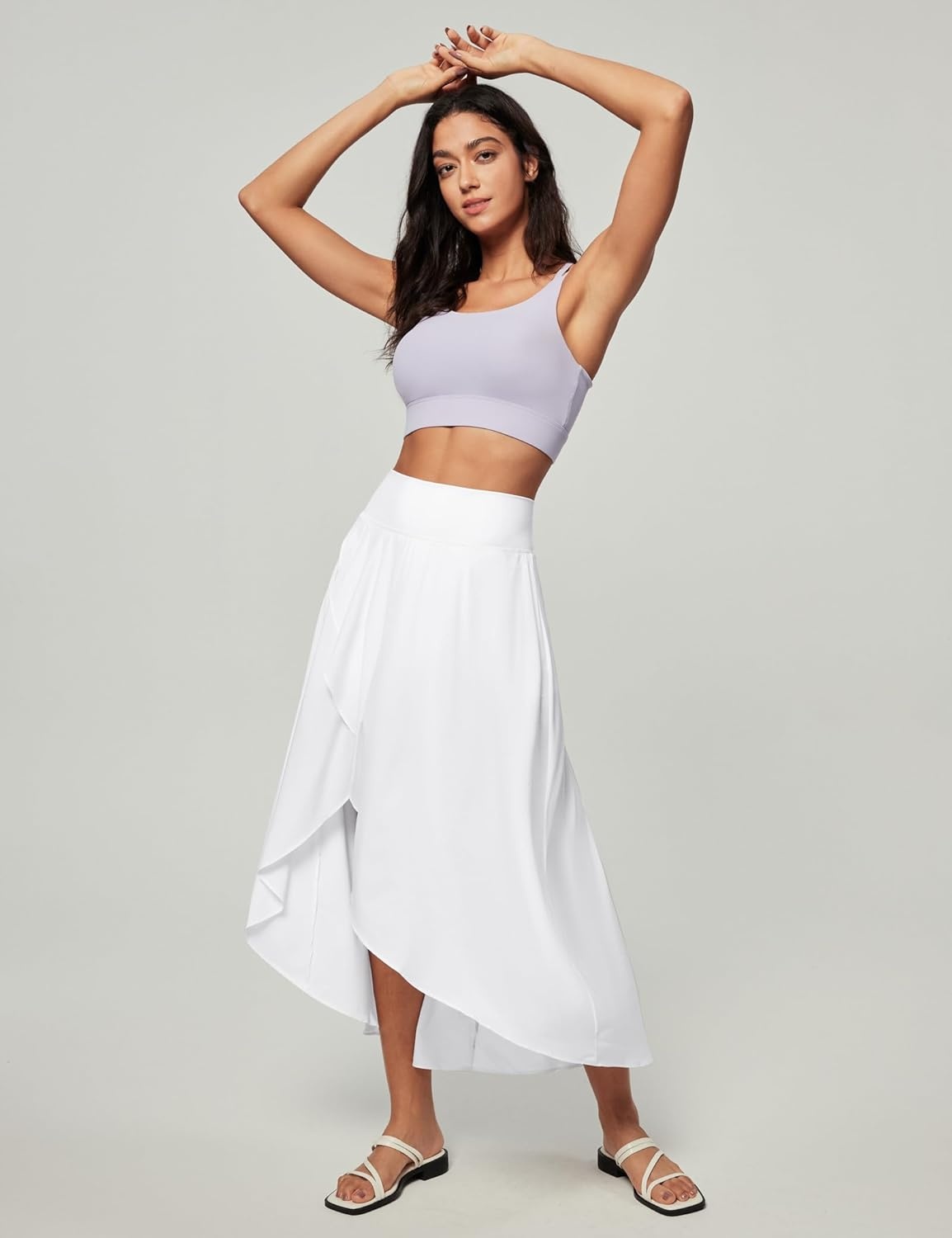 image:imageHeathyoga High Waist Wrap Skirt with Shorts Flowy Skirts for Women Trendy Summer Ruffle High Low Maxi Skirt with SlitWhite