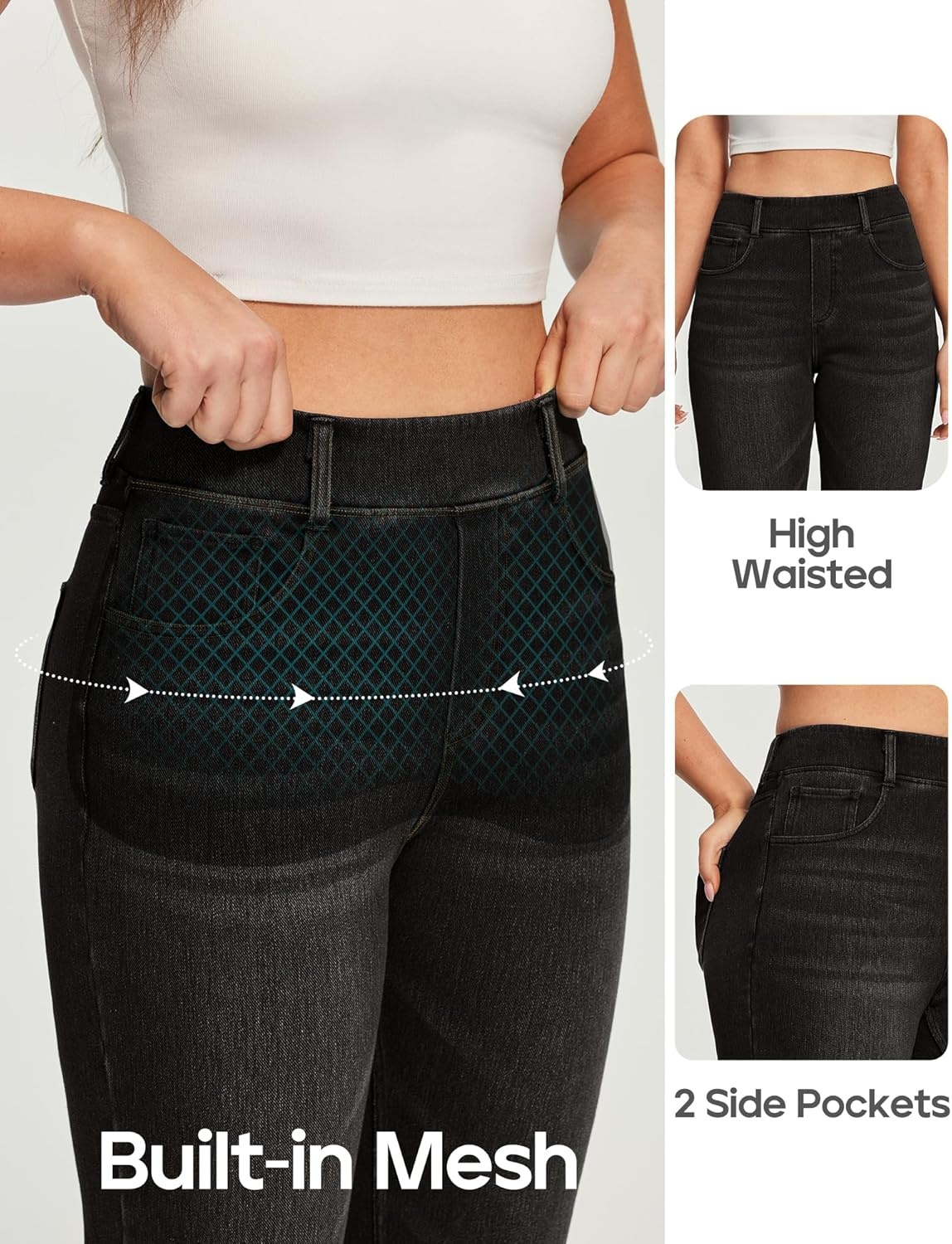 image:imageHeathyoga Straight Leg Jeans for Women Stretchy Pull On High Waisted Sweatpant Jeans Women Trendy Bootcut Jean Denim PantsClassic Black Whisker