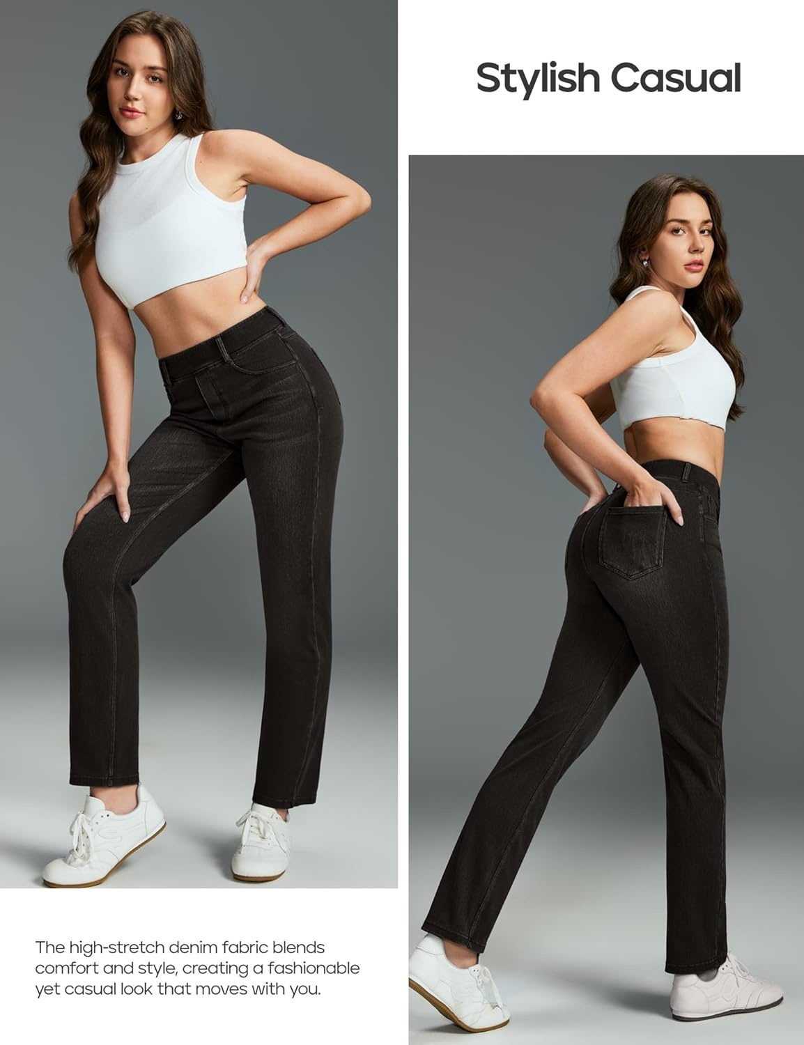 image:imageHeathyoga Straight Leg Jeans for Women Stretchy Pull On High Waisted Sweatpant Jeans Women Trendy Bootcut Jean Denim PantsClassic Black Whisker