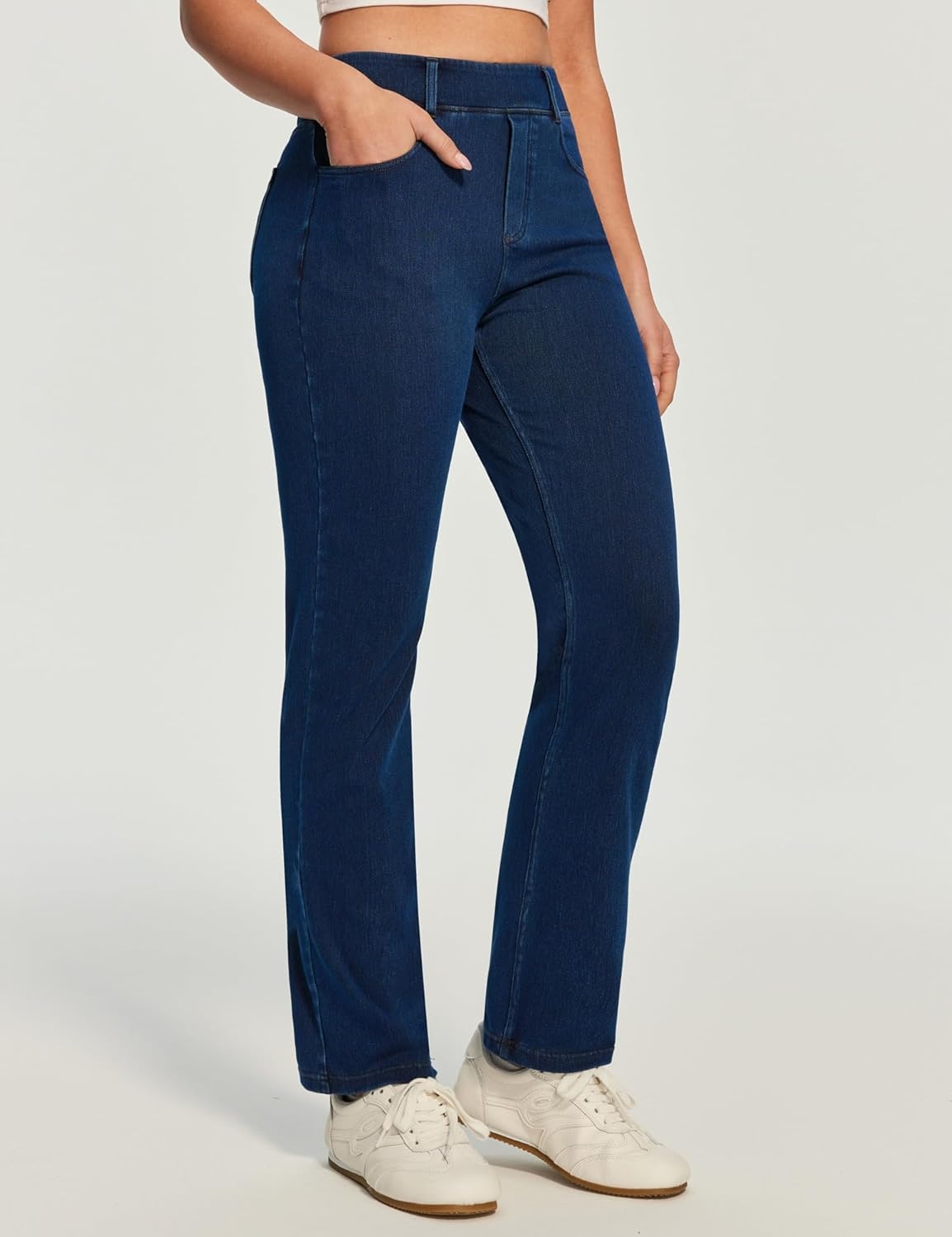 image:imageHeathyoga Straight Leg Jeans for Women Stretchy Pull On High Waisted Sweatpant Jeans Women Trendy Bootcut Jean Denim PantsDark Blue