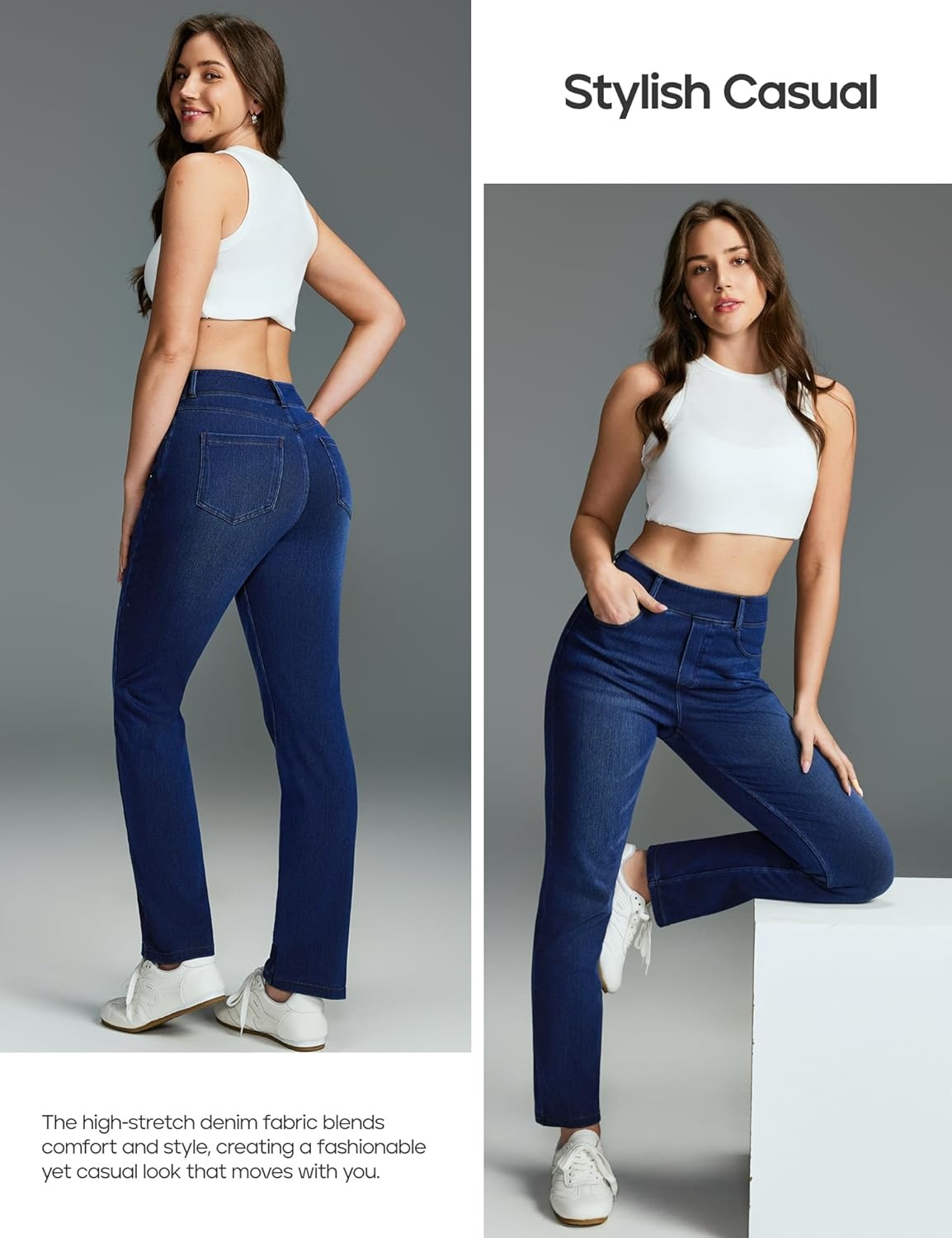 image:imageHeathyoga Straight Leg Jeans for Women Stretchy Pull On High Waisted Sweatpant Jeans Women Trendy Bootcut Jean Denim PantsDark Blue Whisker