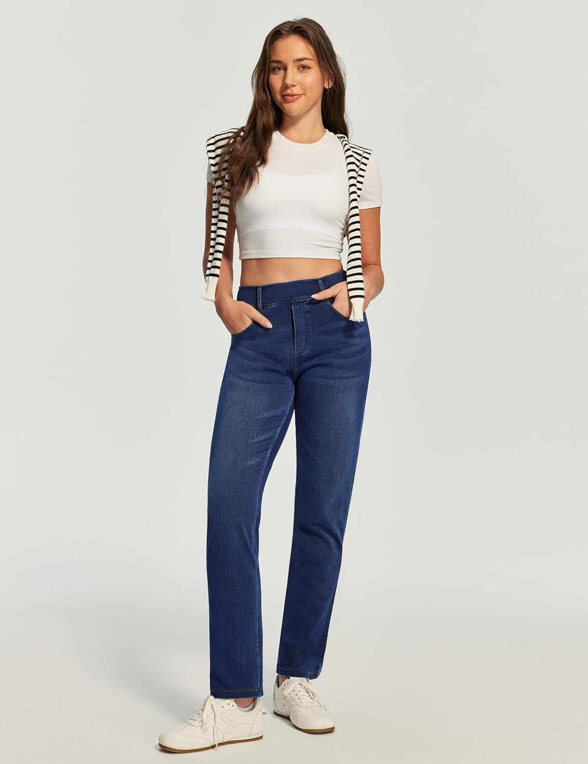 image:imageHeathyoga Straight Leg Jeans for Women Stretchy Pull On High Waisted Sweatpant Jeans Women Trendy Bootcut Jean Denim PantsDark Blue Whisker