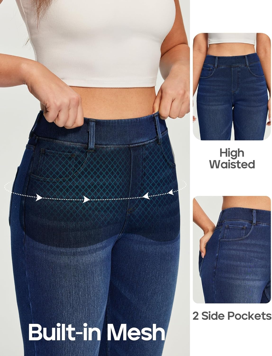 image:imageHeathyoga Straight Leg Jeans for Women Stretchy Pull On High Waisted Sweatpant Jeans Women Trendy Bootcut Jean Denim PantsDark Blue Whisker