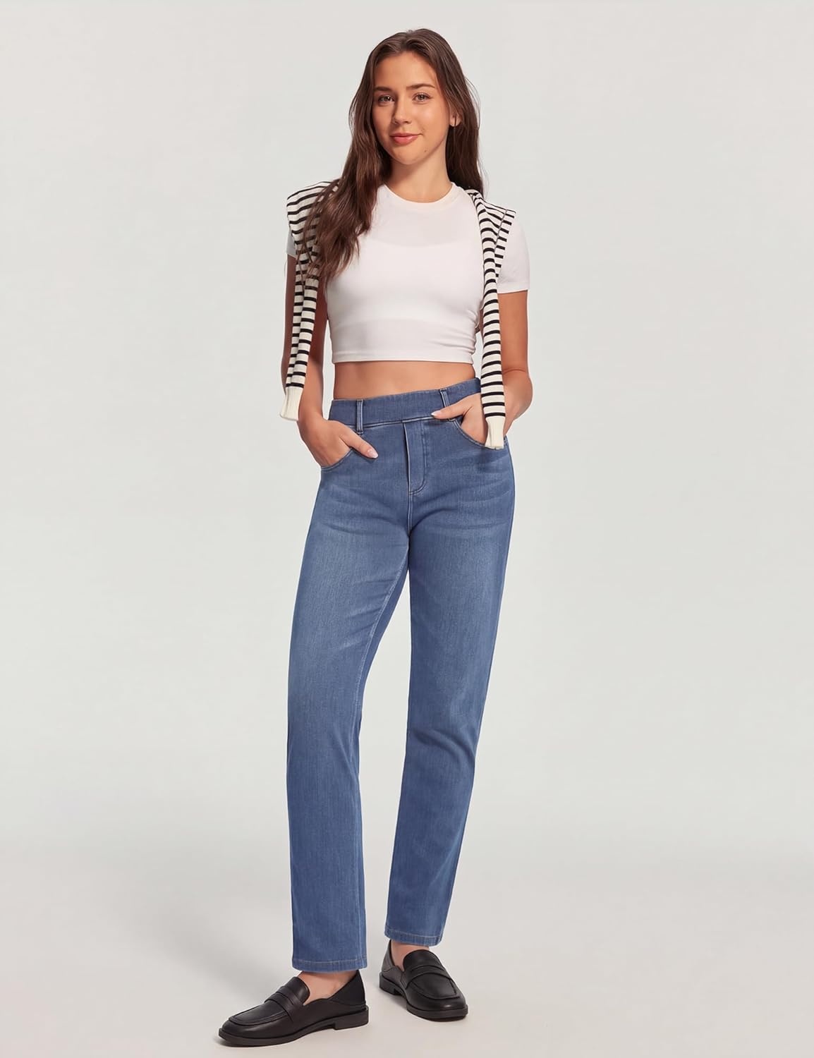 image:imageHeathyoga Straight Leg Jeans for Women Stretchy Pull On High Waisted Sweatpant Jeans Women Trendy Bootcut Jean Denim PantsLight Blue Whisker