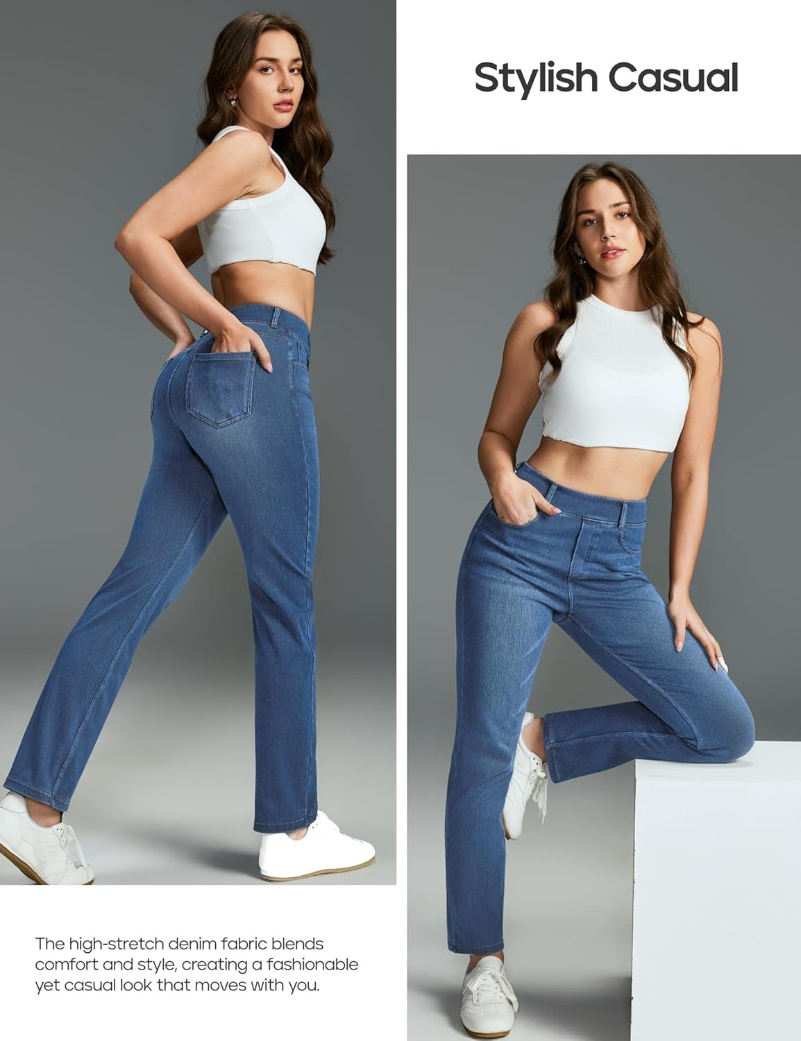 image:imageHeathyoga Straight Leg Jeans for Women Stretchy Pull On High Waisted Sweatpant Jeans Women Trendy Bootcut Jean Denim PantsLight Blue Whisker