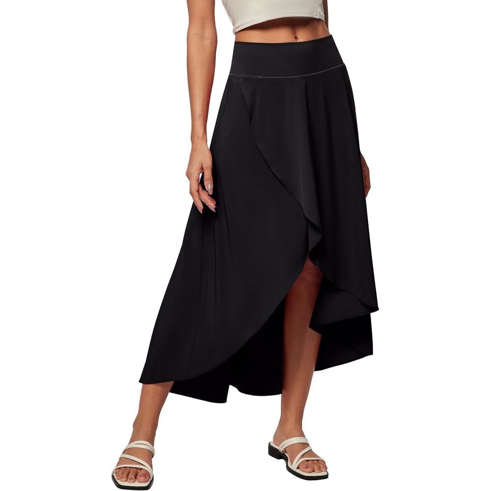 image:imageHeathyoga High Waist Wrap Skirt with Shorts Flowy Skirts for Women Trendy Summer Ruffle High Low Maxi Skirt with SlitBlack