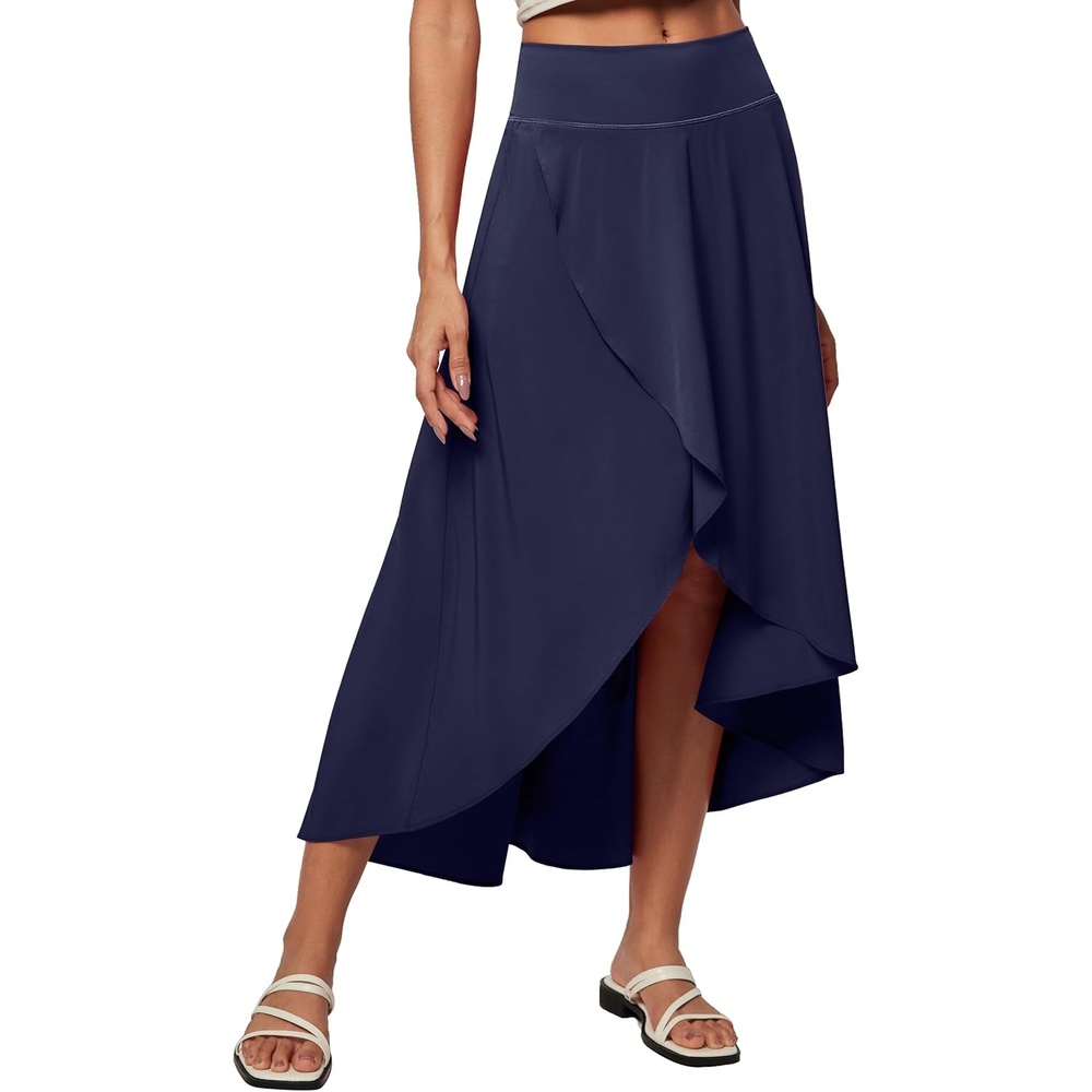 image:imageHeathyoga High Waist Wrap Skirt with Shorts Flowy Skirts for Women Trendy Summer Ruffle High Low Maxi Skirt with SlitDark Blue