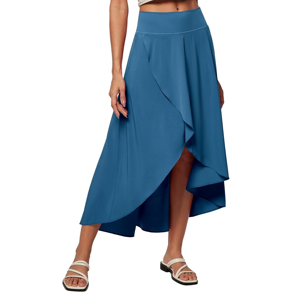 image:imageHeathyoga High Waist Wrap Skirt with Shorts Flowy Skirts for Women Trendy Summer Ruffle High Low Maxi Skirt with SlitIndigo