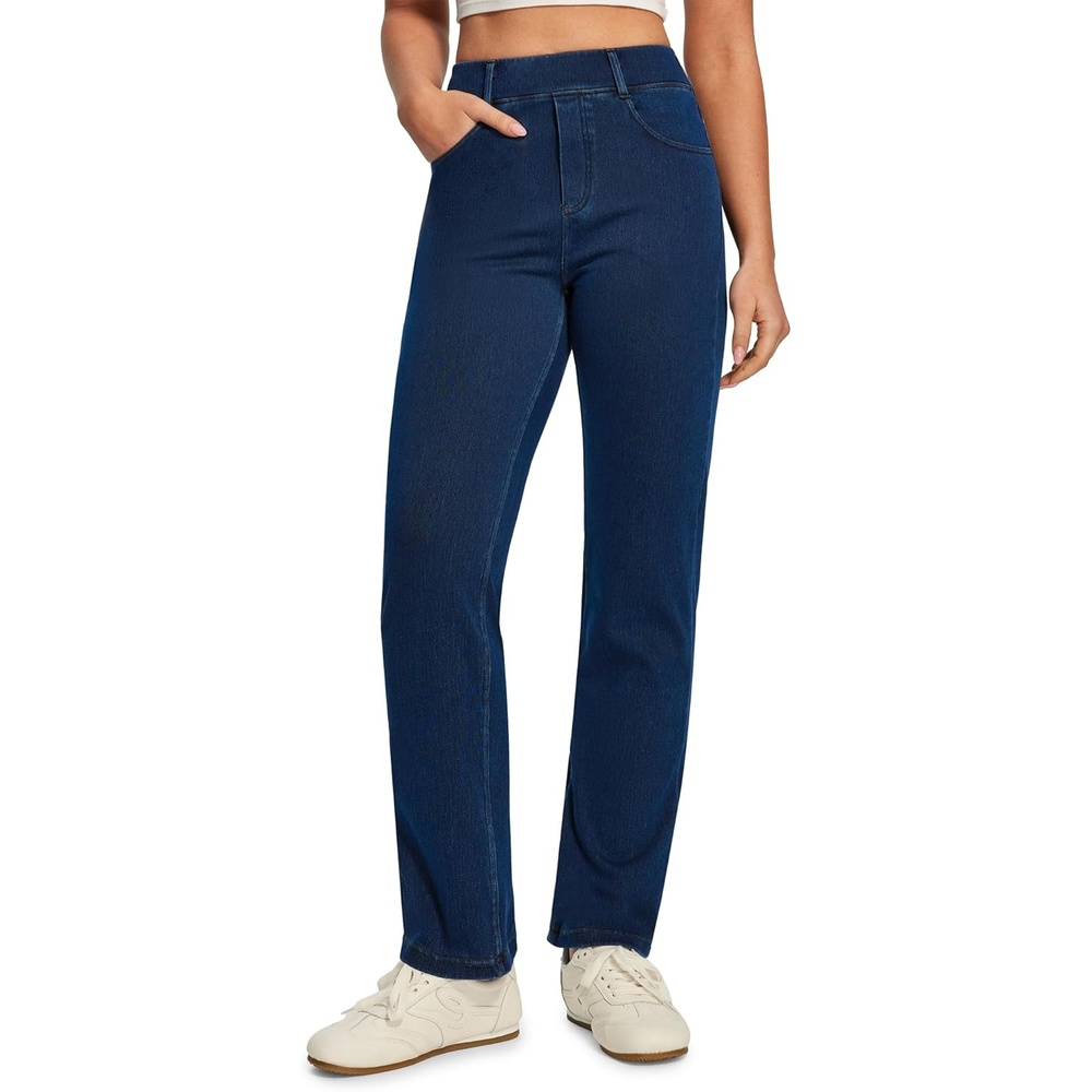 image:imageHeathyoga Straight Leg Jeans for Women Stretchy Pull On High Waisted Sweatpant Jeans Women Trendy Bootcut Jean Denim PantsDark Blue