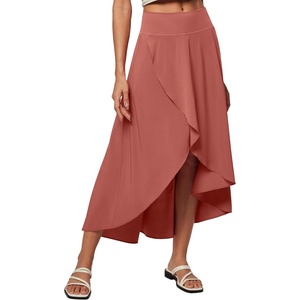 image:imageHeathyoga High Waist Wrap Skirt with Shorts Flowy Skirts for Women Trendy Summer Ruffle High Low Maxi Skirt with SlitCoral