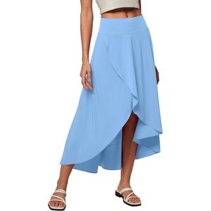 image:imageHeathyoga High Waist Wrap Skirt with Shorts Flowy Skirts for Women Trendy Summer Ruffle High Low Maxi Skirt with SlitLight Blue