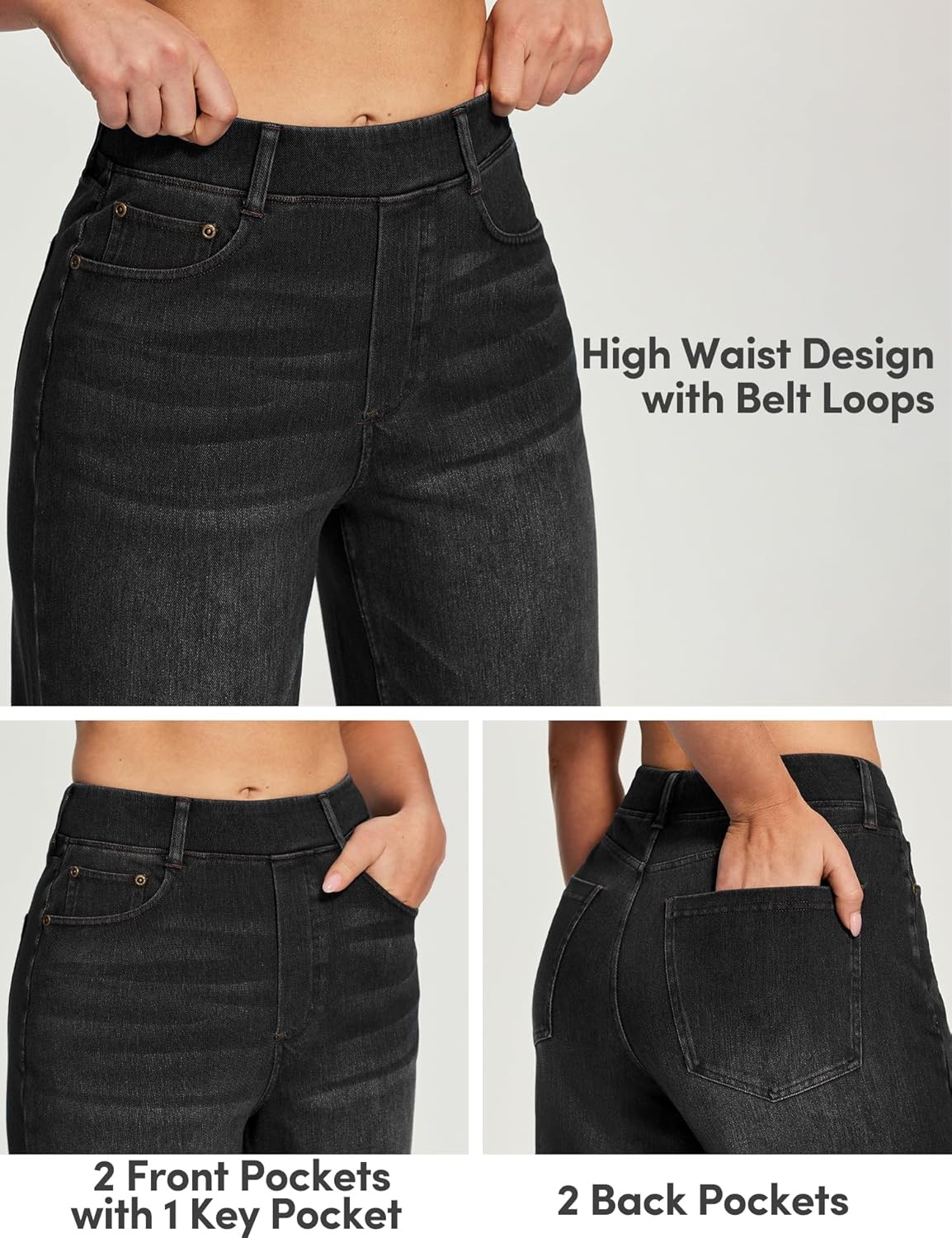 image:imageHeathyoga Wide Leg Jeans for Women Trendy Stretchy High Waisted Pull On Baggy Jeans for Women Denim Pants Sweatpant JeanBlack Wash