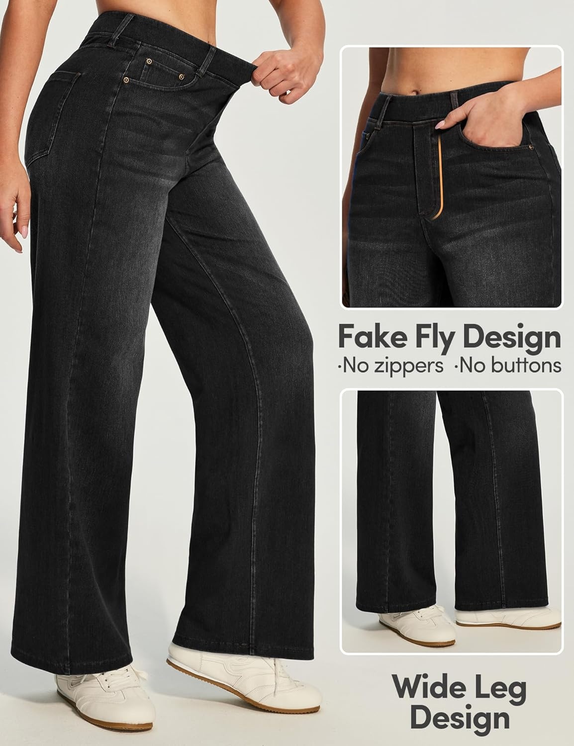 image:imageHeathyoga Wide Leg Jeans for Women Trendy Stretchy High Waisted Pull On Baggy Jeans for Women Denim Pants Sweatpant JeanBlack Wash
