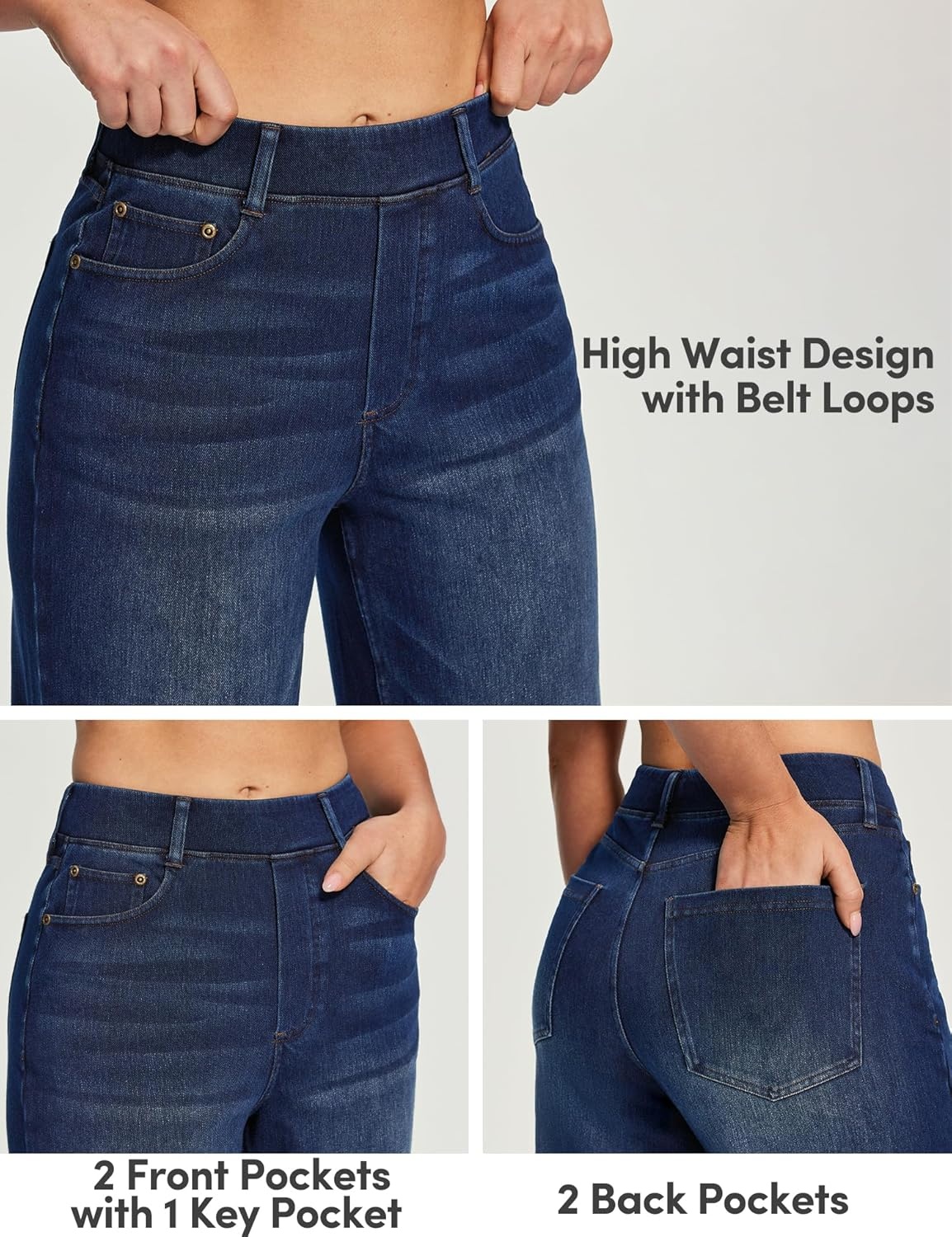 image:imageHeathyoga Wide Leg Jeans for Women Trendy Stretchy High Waisted Pull On Baggy Jeans for Women Denim Pants Sweatpant JeanDark Blue Wash