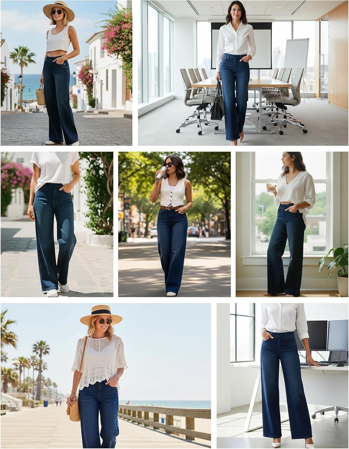 image:imageHeathyoga Wide Leg Jeans for Women Trendy Stretchy High Waisted Pull On Baggy Jeans for Women Denim Pants Sweatpant JeanDark Blue Wash