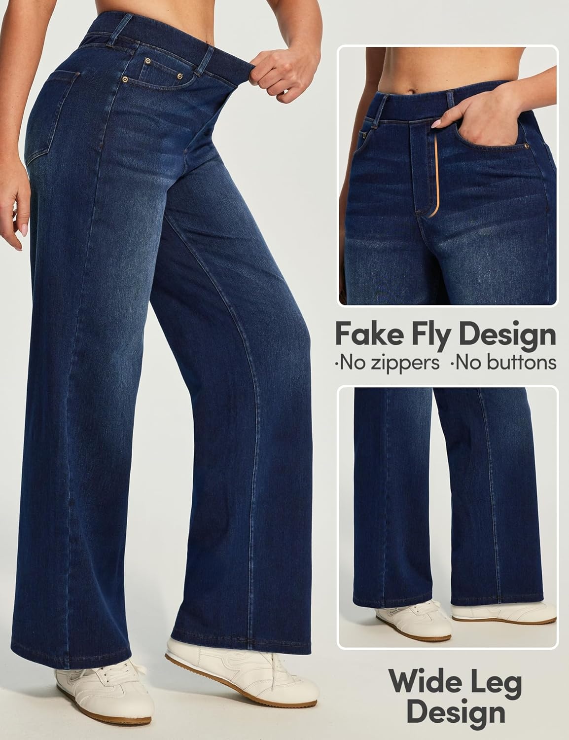 image:imageHeathyoga Wide Leg Jeans for Women Trendy Stretchy High Waisted Pull On Baggy Jeans for Women Denim Pants Sweatpant JeanDark Blue Wash