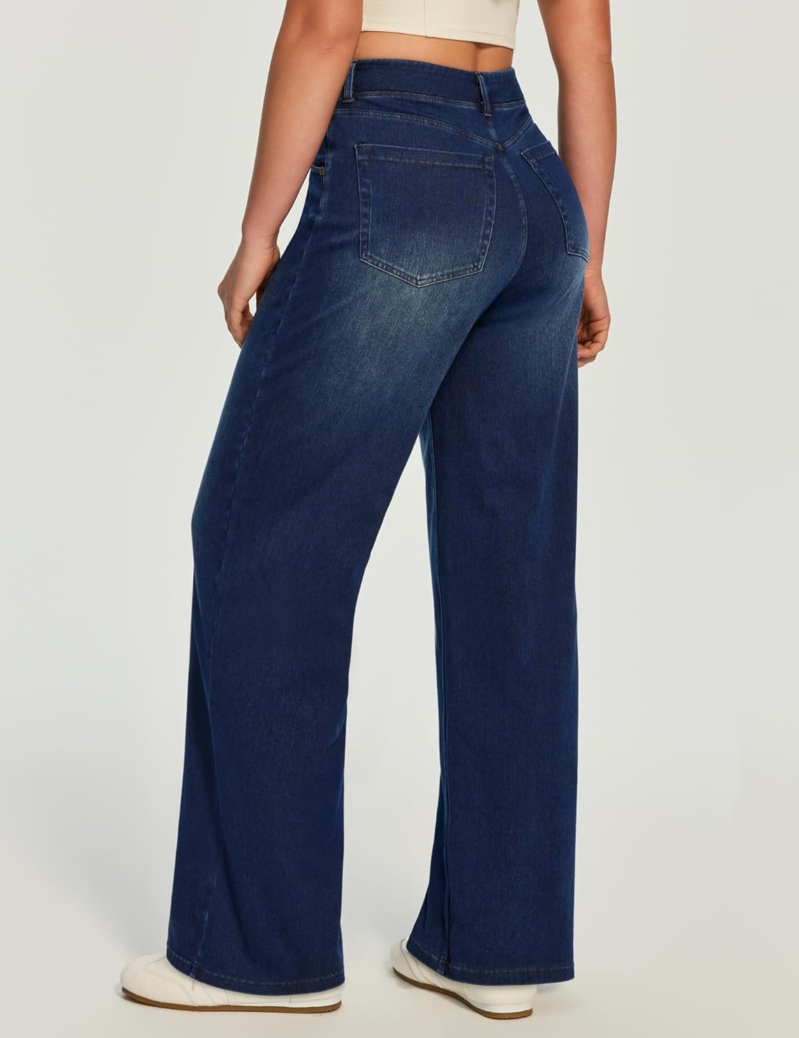image:imageHeathyoga Wide Leg Jeans for Women Trendy Stretchy High Waisted Pull On Baggy Jeans for Women Denim Pants Sweatpant JeanDark Blue Wash