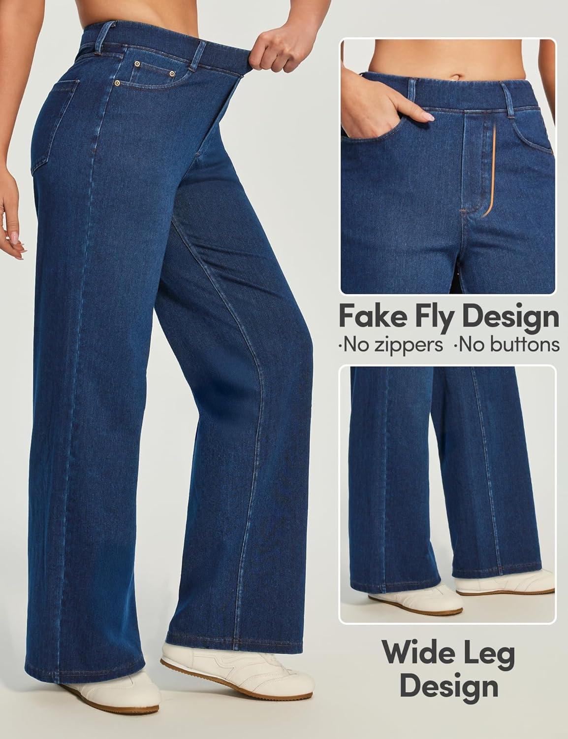 image:imageHeathyoga Wide Leg Jeans for Women Trendy Stretchy High Waisted Pull On Baggy Jeans for Women Denim Pants Sweatpant JeanLight Blue