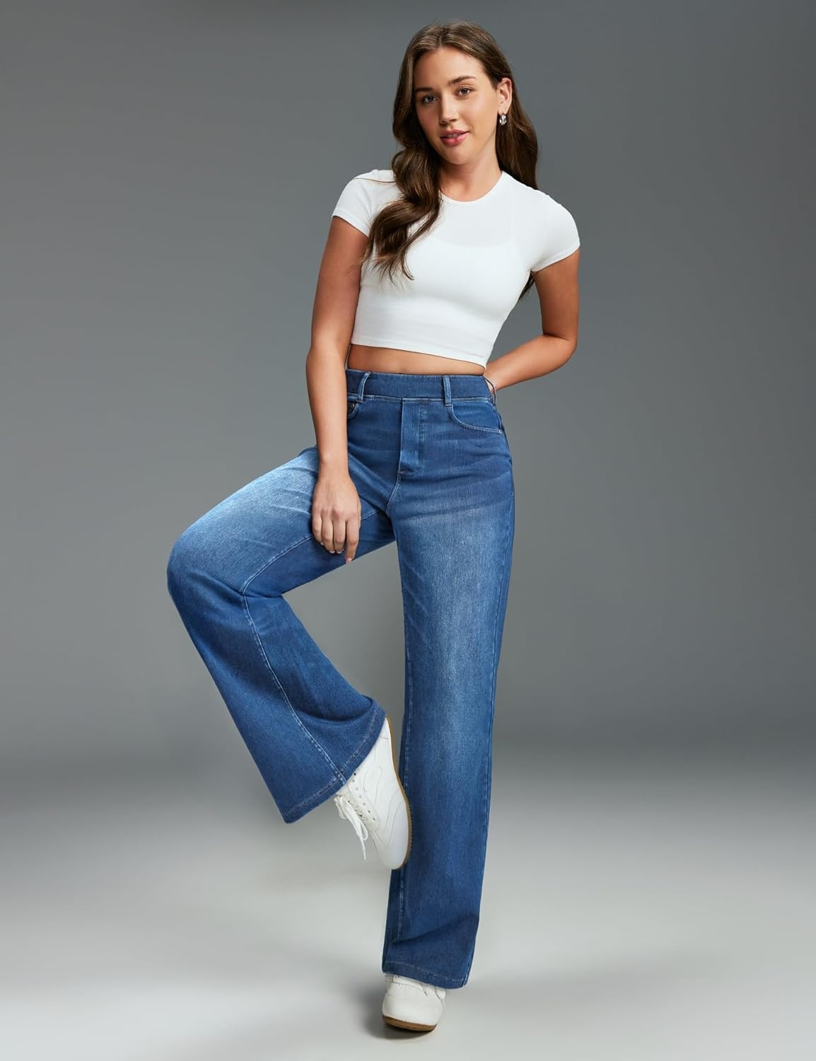 image:imageHeathyoga Wide Leg Jeans for Women Trendy Stretchy High Waisted Pull On Baggy Jeans for Women Denim Pants Sweatpant JeanLight Blue Wash