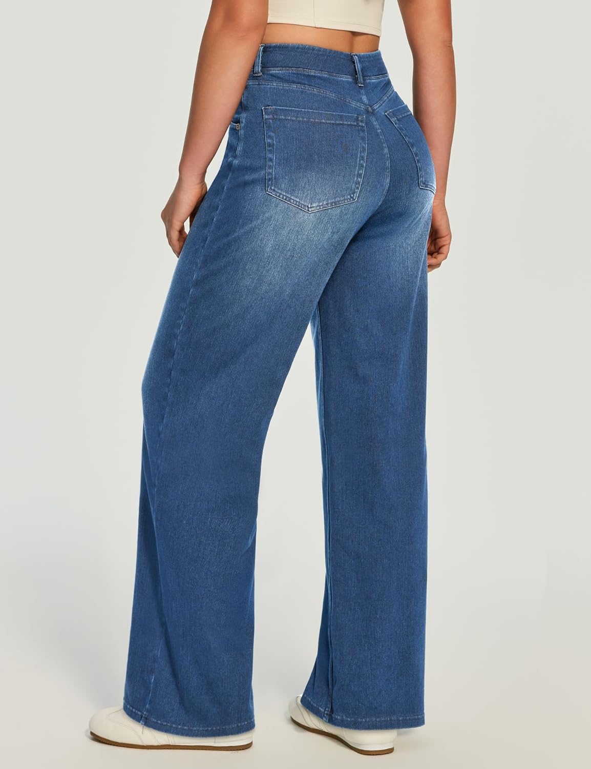 image:imageHeathyoga Wide Leg Jeans for Women Trendy Stretchy High Waisted Pull On Baggy Jeans for Women Denim Pants Sweatpant JeanLight Blue Wash