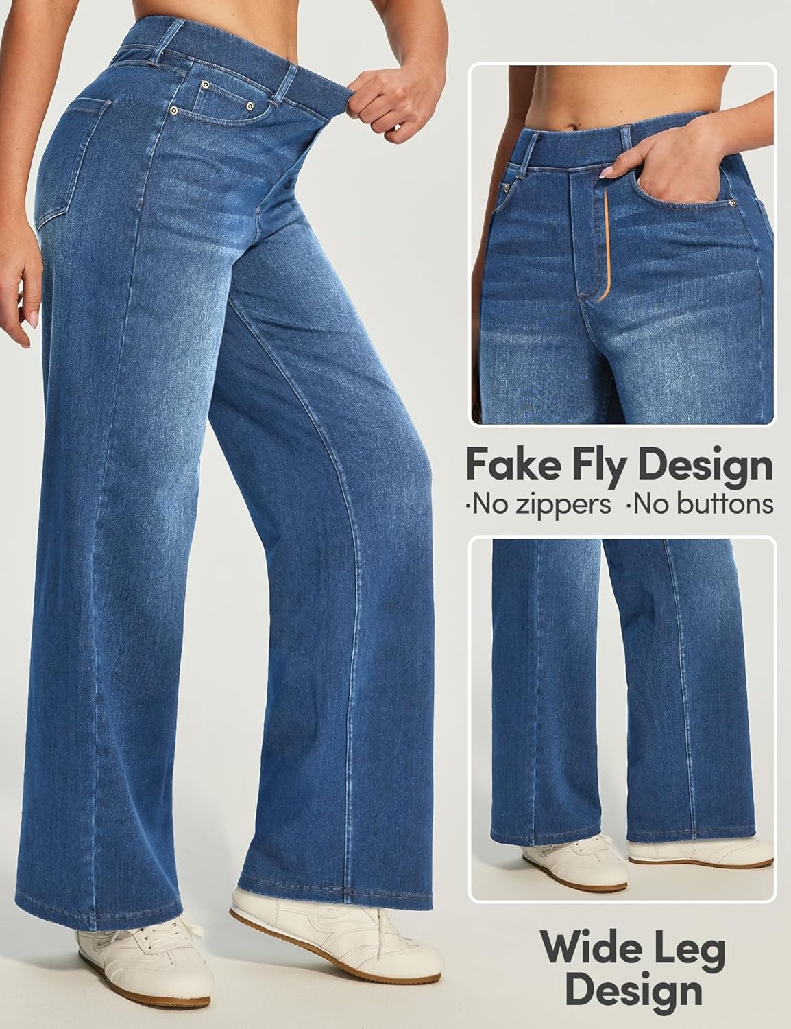 image:imageHeathyoga Wide Leg Jeans for Women Trendy Stretchy High Waisted Pull On Baggy Jeans for Women Denim Pants Sweatpant JeanLight Blue Wash