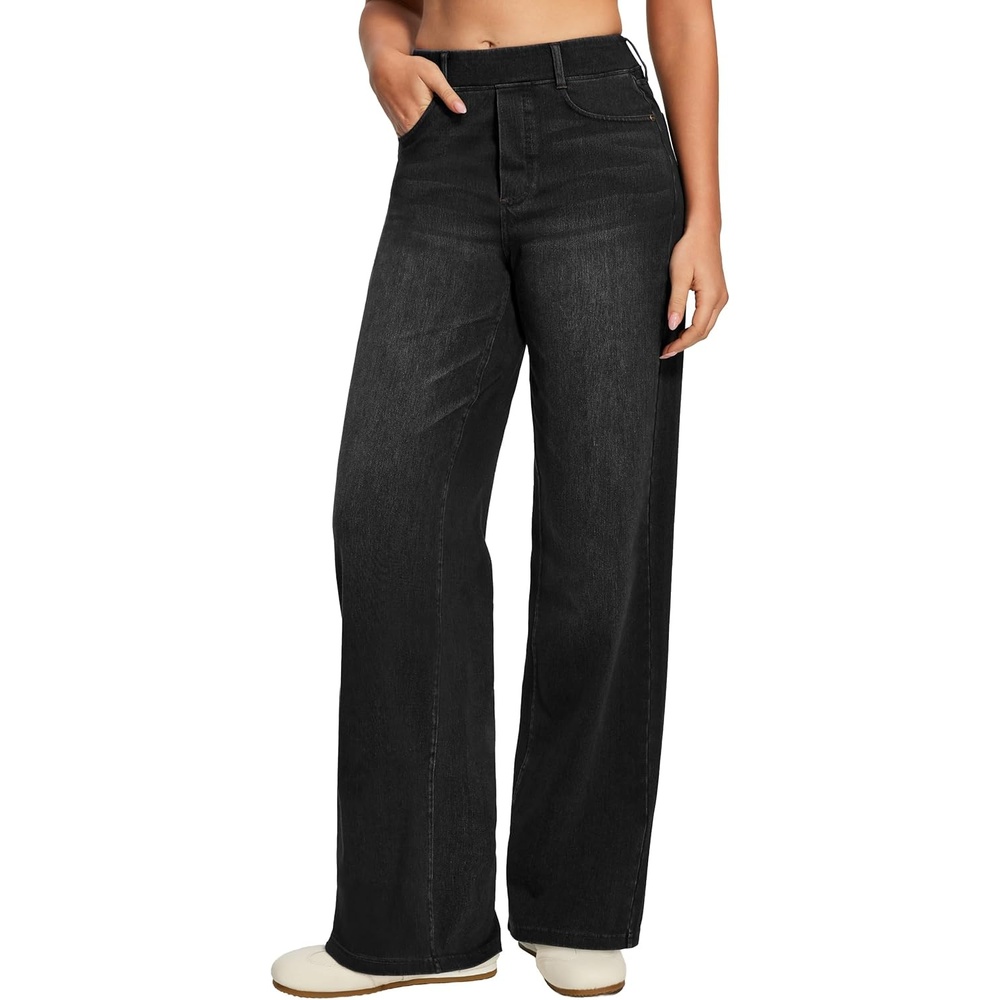 image:imageHeathyoga Wide Leg Jeans for Women Trendy Stretchy High Waisted Pull On Baggy Jeans for Women Denim Pants Sweatpant JeanBlack Wash