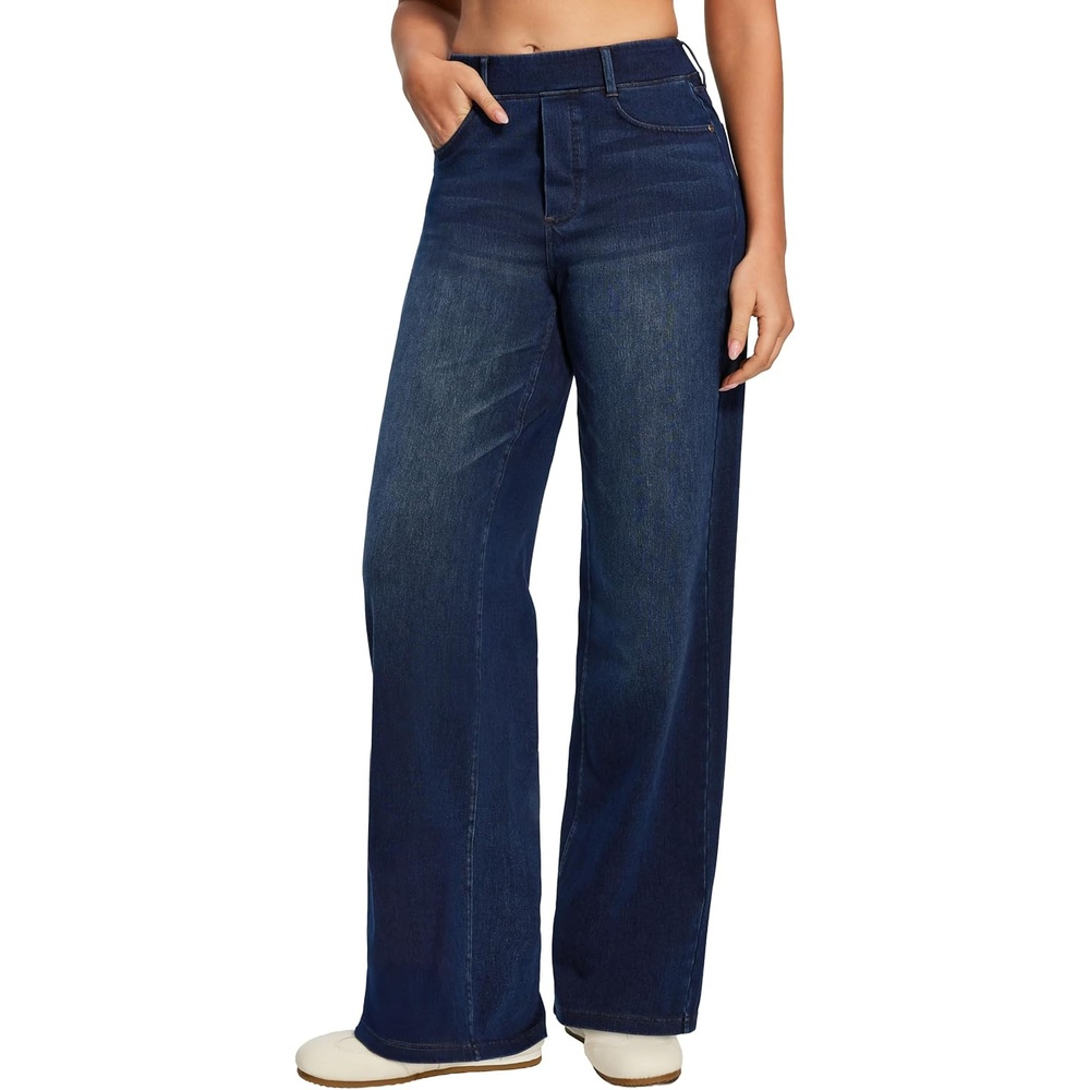 image:imageHeathyoga Wide Leg Jeans for Women Trendy Stretchy High Waisted Pull On Baggy Jeans for Women Denim Pants Sweatpant JeanDark Blue Wash