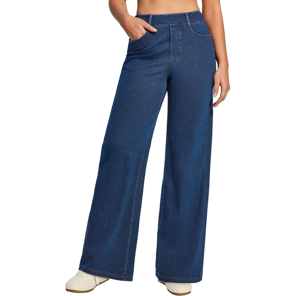 image:imageHeathyoga Wide Leg Jeans for Women Trendy Stretchy High Waisted Pull On Baggy Jeans for Women Denim Pants Sweatpant JeanLight Blue