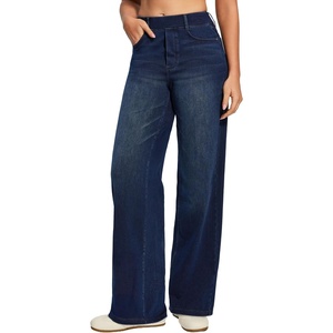 image:imageHeathyoga Wide Leg Jeans for Women Trendy Stretchy High Waisted Pull On Baggy Jeans for Women Denim Pants Sweatpant JeanDark Blue Wash